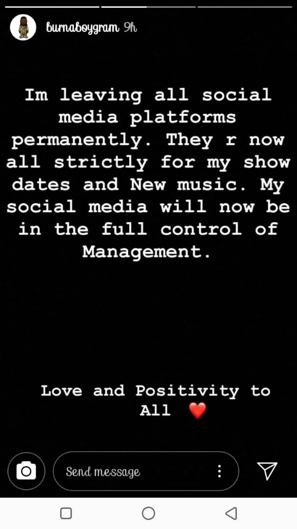 Burna Boy Quits All Social Media!