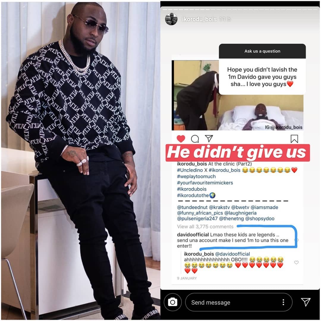 Davido Is A Liar, He Didn't Give Us Any Money - Ikorodu Bois