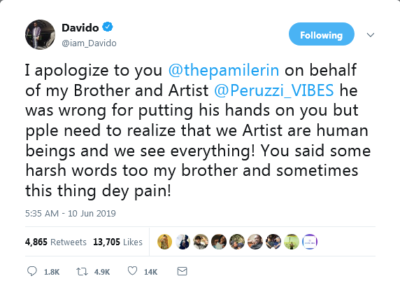 Peruzzi And His Boss Davido Apologizes To Pamilerin (Dr. Pam Pam)