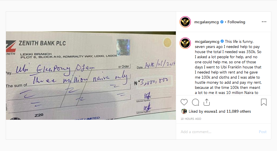 MC Galaxy Present N3 Million To Ubi Franklin For Saving His Life