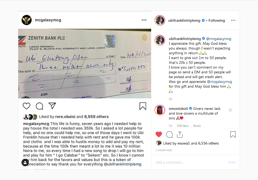 MC Galaxy Present N3 Million To Ubi Franklin For Saving His Life