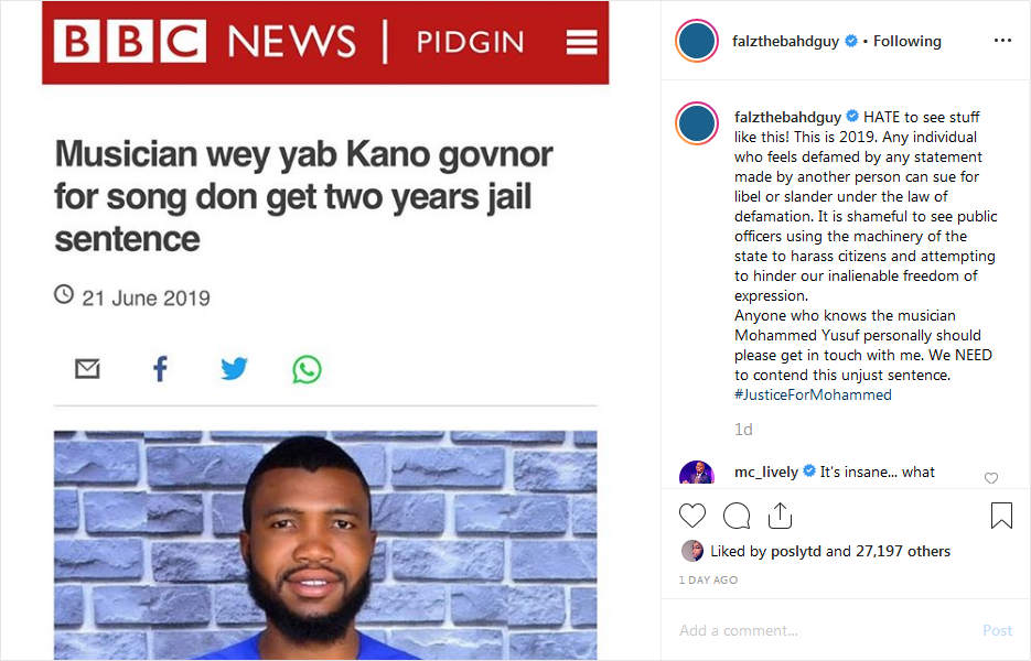 Falz Condemns Kano State Governor (Ganduje) For Sending Musician To Jail