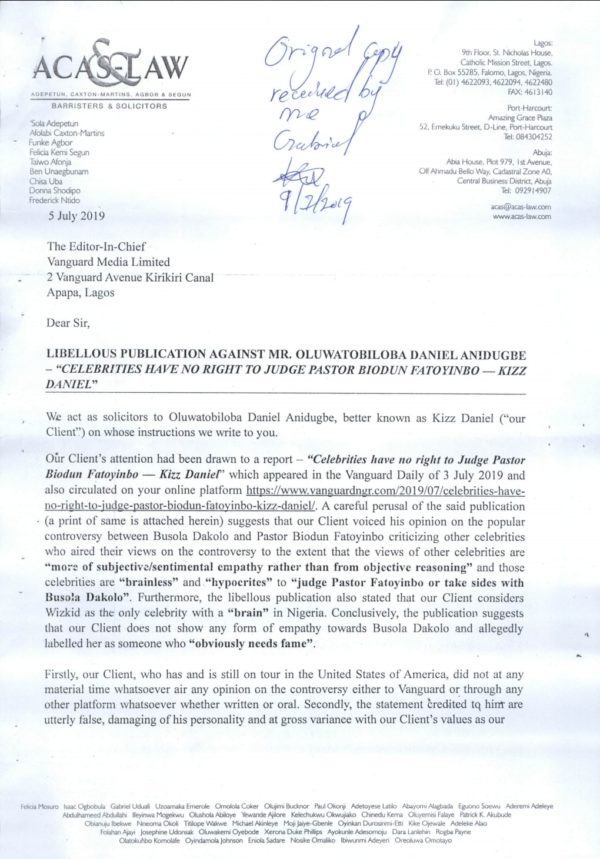 Kizz Daniel Files Law Suit Of N100 Million Against Vanguard Media Limited