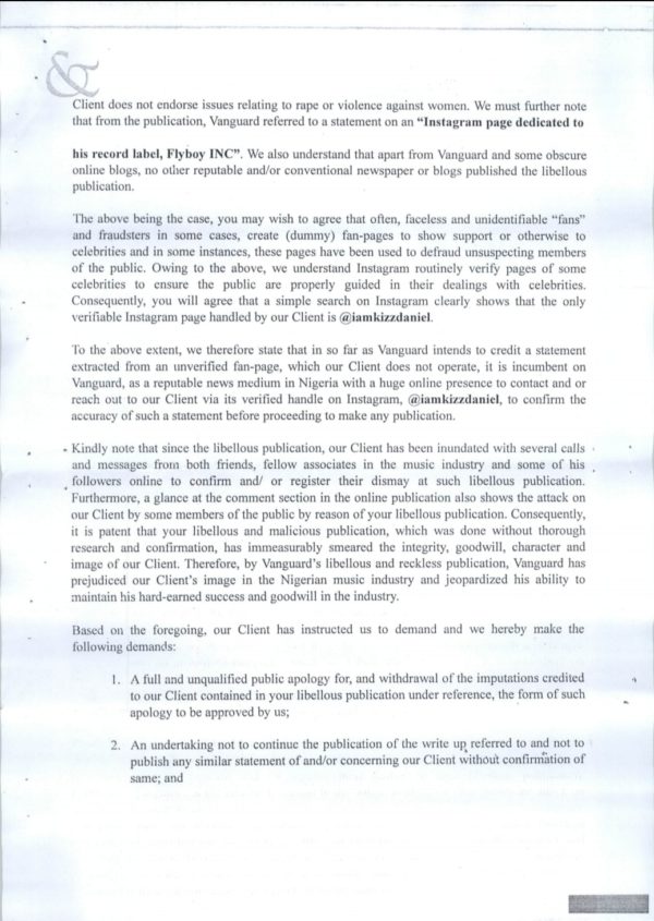 Kizz Daniel Files Law Suit Of N100 Million Against Vanguard Media Limited