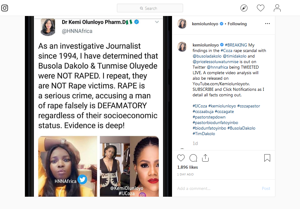 Busola Was Never Raped By Pastor Biodun - Kemi Olunloyo Reveals