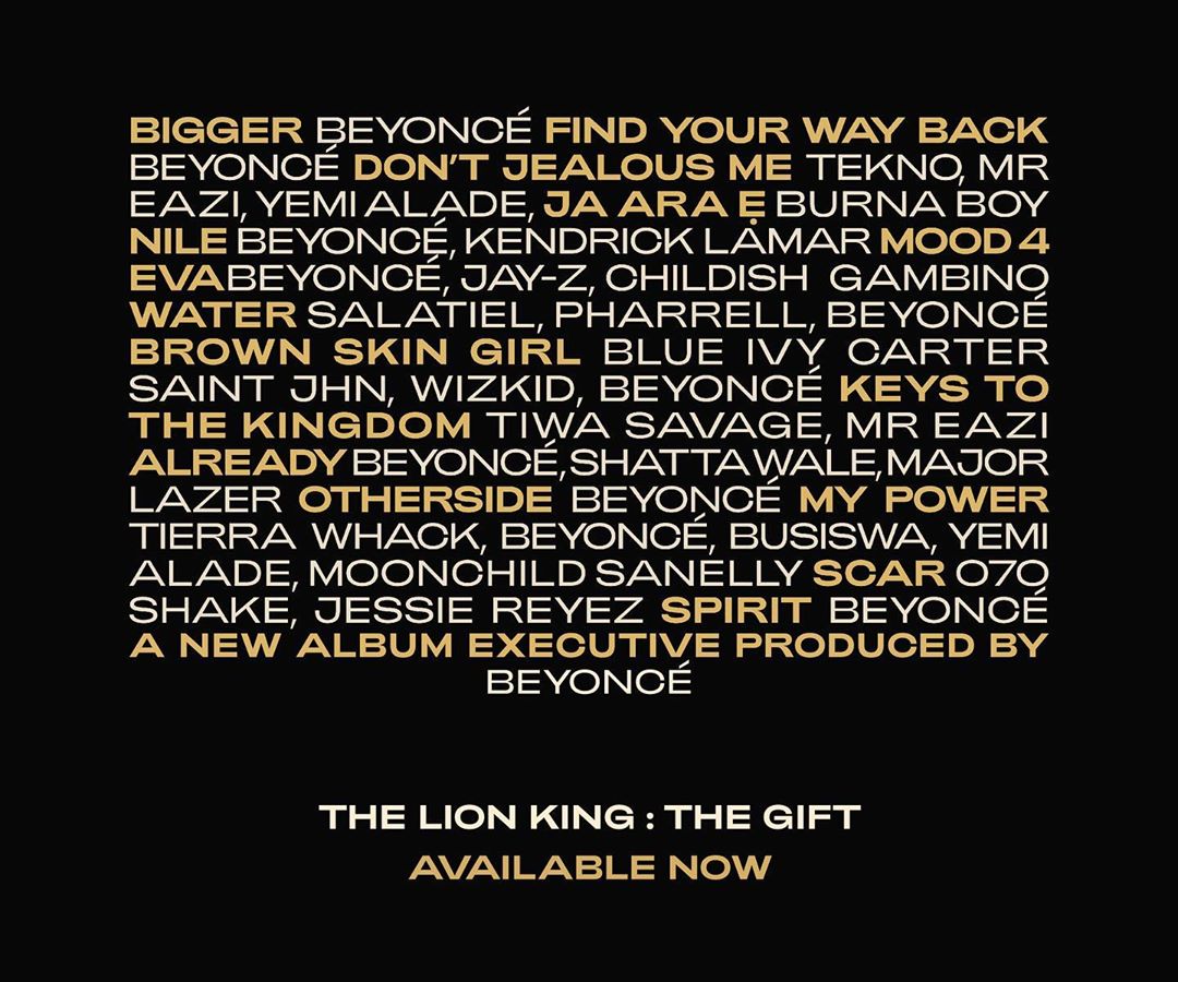 Beyonce Releases "The Gift (Lion King)" Album Ft Wizkid, Burna Boy, Tiwa Savage, Yemi Alade, Eazi, And Others