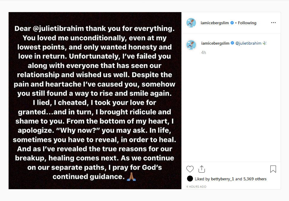 You Loved Me Unconditionally, Even At My Lowest Point - Iceberg Slim Penned Down Apology Later To Juliet Ibrahim