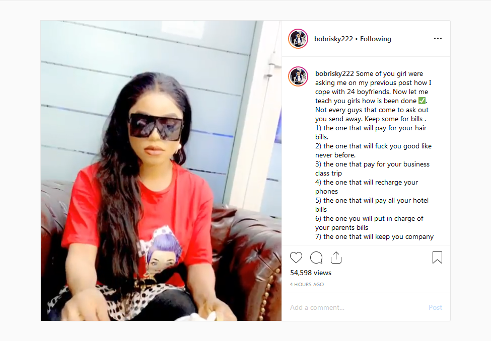 Cross-dresser Turned Transgender, Bobrisky List Out The Functions Of His/her 24 Boyfriends (Lovers)