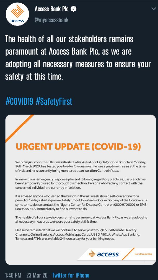 COVID-19 UPDATE: Access Bank Shuts Down Branch In Lagos, After A Customer And 8 Staffs Tested Positive To Corona Virus