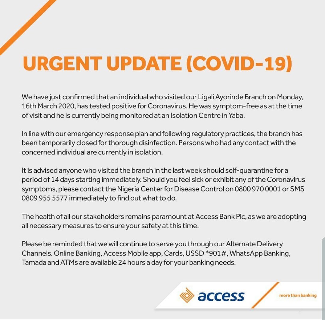 COVID-19 UPDATE: Access Bank Shuts Down Branch In Lagos, After A Customer And 8 Staffs Tested Positive To Corona Virus